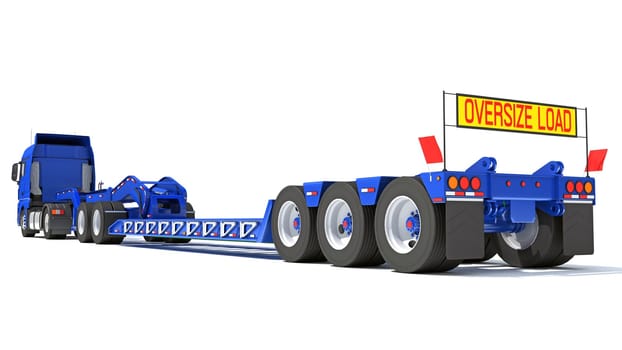 Semi Truck with Lowboy Platform Trailer 3D rendering model on white background