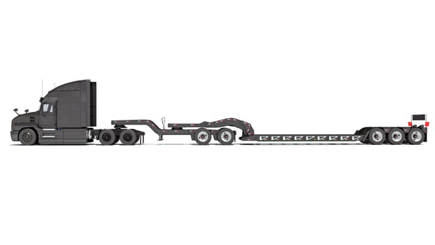 Semi Truck with Lowboy Platform Trailer 3D rendering model on white background