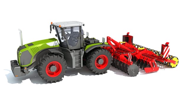 Farm Tractor with Compact Disc Harrow 3D rendering model on white background