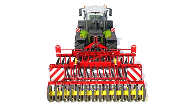 Farm Tractor with Compact Disc Harrow 3D rendering model on white background