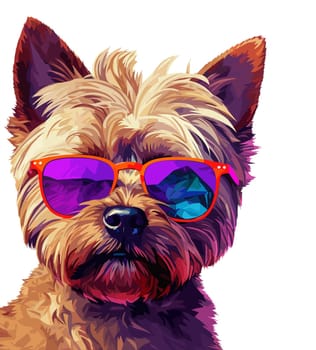 Funny cartoon dog in sunglasses in decorative vector pop art style. Template for poster, t-shirt print, sticker, design element, etc.