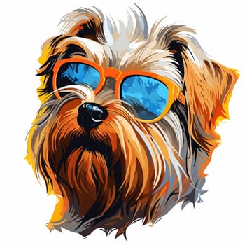 Funny cartoon dog in sunglasses in decorative vector pop art style. Template for poster, t-shirt print, sticker, design element, etc.