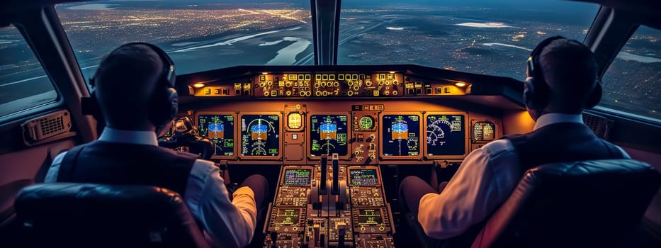 view from the cockpit of a commercial airplane, featuring two pilots at the controls during a night flight