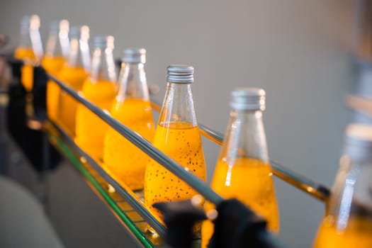 Bottling factory's efficient line fills transparent bottles with organic basil or chia seed drinks mixed with pomegranate. Automated clean technology ensures high-quality liquid production.