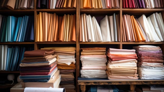 Samples of fabrics in a tailor studio in bright colors. AI