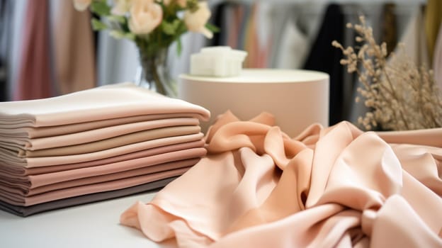 Samples of fabrics in a tailor studio in a soft peach color. AI