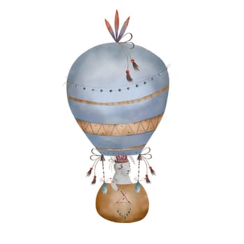 Watercolor blue boho balloon with basket and banny. Hand painted illustration for children's design in cartoon style. Cute hot air painting for logo or print on children's textile in pastel colors. High quality photo