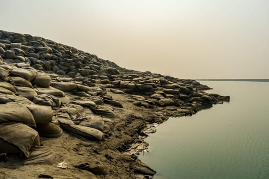 geobags sandbags to protect the riverbank from erosion, Bangladesh Padma River
