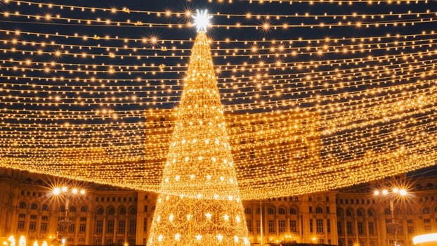 People in front of Christmas tree at Bucharest Christmas Market