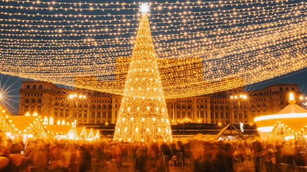 People in front of Christmas tree at Bucharest Christmas Market