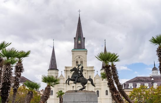 Facade of the Cathedral of St Louis, King of France with statue of Andrew Jackson in the French Quarter of New Orleans in Louisiana