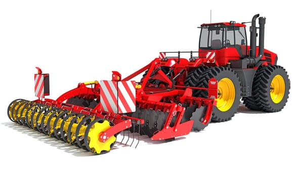 Farm Tractor with Compact Disc Harrow 3D rendering model on white background