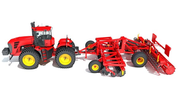 Farm Tractor with Compact Disc Harrow 3D rendering model on white background