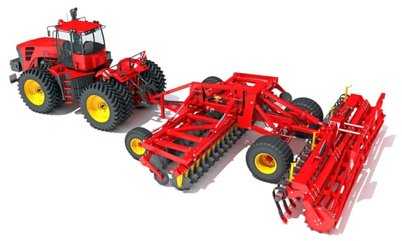 Farm Tractor with Compact Disc Harrow 3D rendering model on white background