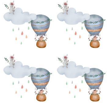 Watercolor pattern baby hot air balloons in pastel colors. Cute illustration of a bunny and a bear in boho style with clouds and colorful rain. Kawaii seamless image for printing on children's textiles and children's room design. High quality illustration