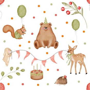 Watercolor seamless pattern forest animals for birthday with colorful confetti. Cute bear with cake. Fawn and bunny with garlands. A squirrel with a balloon and a hedgehog with mushrooms. Kawaii design for printing on children's textiles and wrapping paper. High quality illustration