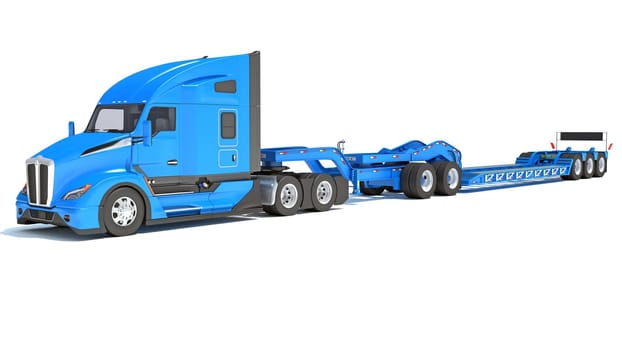 Truck with flatbed trailer 3D rendering model on white background