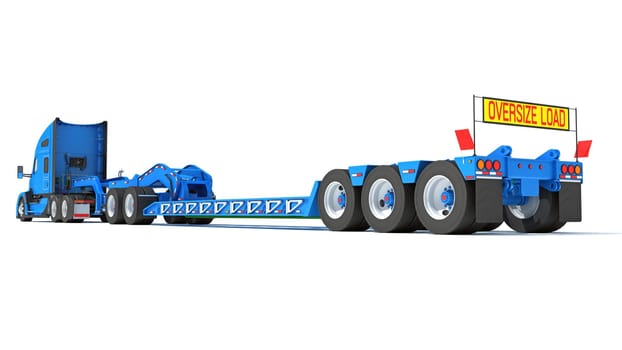 Truck with flatbed trailer 3D rendering model on white background