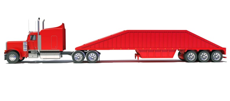 Truck with Bottom Dump Trailer 3D rendering model on white background