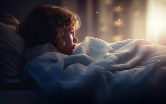 Adorable Little Boy, Child Lying, Sitting On Bed Under Blanket, Getting Ready To Sleep Or Waiting For Tooth Fairy. Cozy Night Room, Happy Dreams. Cute Preschool Kid Enjoys Leisure Time AI Generated.