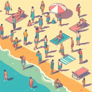 people having fun in the beach, isometric view, sea waves, 3d illustration generative ai art