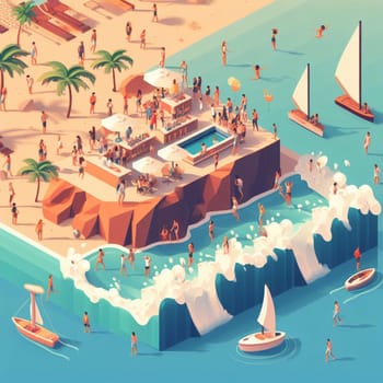 people having fun in the beach, isometric view, sea waves, 3d illustration generative ai art