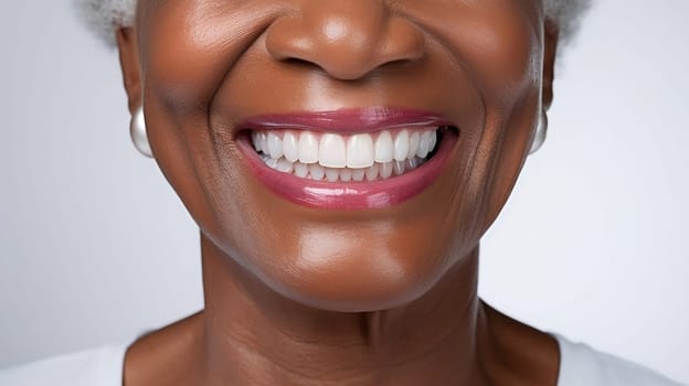 Cropped Middle Age African American Face with Beautiful White Healthy Teeth Smile. 60 yo Woman with Perfect Tooth, Hollywood Smile. Horizontal AI Generated. Dentistry and Denture Concept. Veneers.