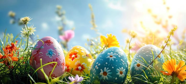 Happy Easter. Decorated Easter eggs on green grass on a sunny spring day. Easter banner with copy space