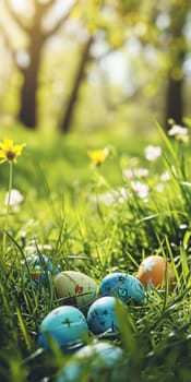 Happy Easter. Decorated Easter eggs on green grass on a sunny spring day. Easter vertical banner for smart phone with copy space