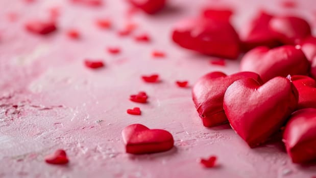 Red hearts on pink background. A lot of heart-shaped object is located to the side, there is space for text. High quality photo