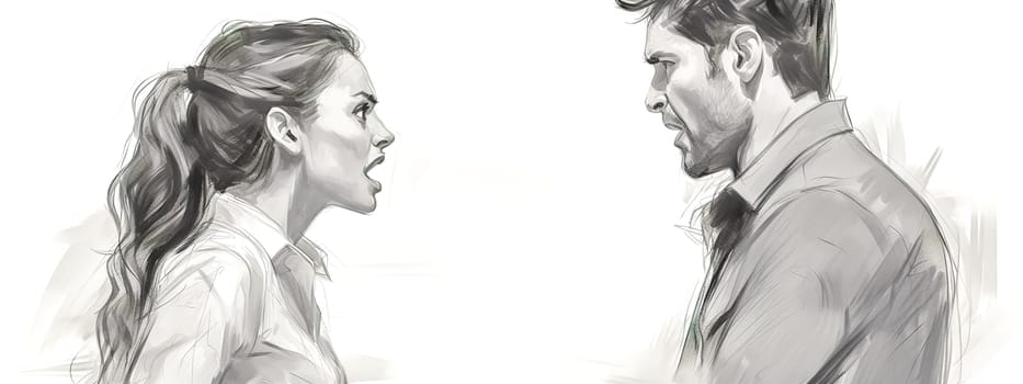 A sketch of a woman and a man in a heated discussion, facing each other with intense expressions, banner