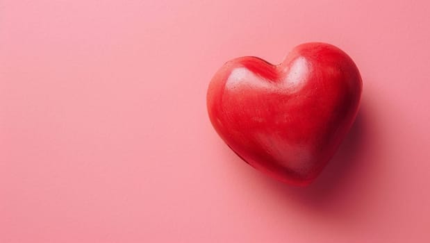 Red heart on pink background. One heart-shaped object is located to the side, there is space for text. High quality photo