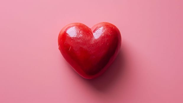 Red heart on pink background. One heart-shaped object is located to the side, there is space for text. High quality photo