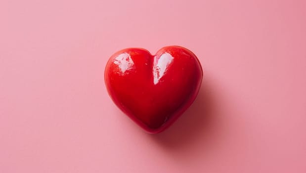 Red heart on pink background. One heart-shaped object is located to the side, there is space for text. High quality photo