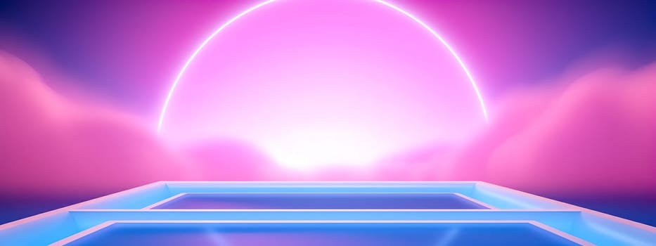 Futuristic neon portal with glowing pink and blue hues against a vivid background, banner with copy space