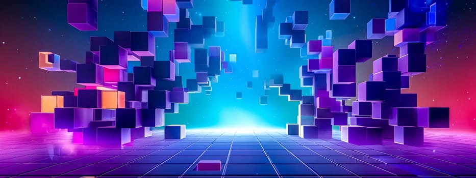 Digital art of 3D floating cubes in a neon-lit virtual space, resembling a futuristic Tetris game, banner with copy space