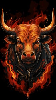 Head of bull, in fire, on a black background, drawing, cartoon style. Vertical
