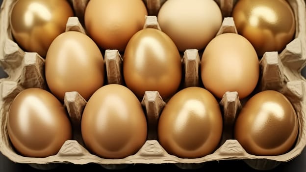 Top view of beautiful golden-colored eggs lie in a cardboard package . Top view