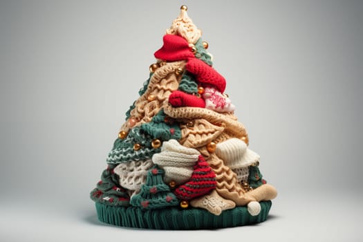 Creative knitted multicolor Christmas tree stand isolated on a white background.