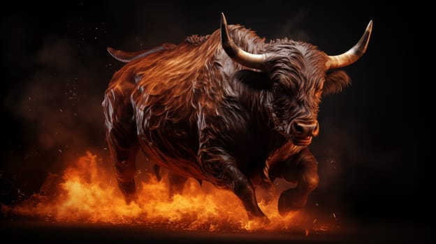 Big black bull galloping on fire, on a black background, side view.