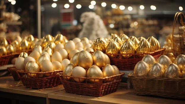 Several baskets with beautiful golden eggs made of golden metal standing in the shop .
