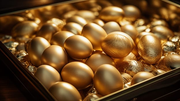 Close up of luxary glossy golden metal eggs lie on box .
