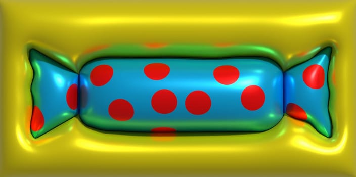 Candy wrapped in a blue wrapper on a yellow background, 3D rendering illustration