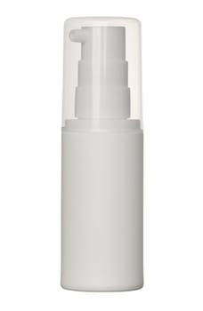 White plastic tube with dispenser and cap on isolated background, container for cosmetics