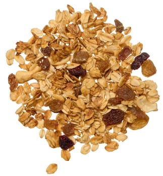 Oatmeal, raisins, cashews and almonds. Granola isolated on background, top view