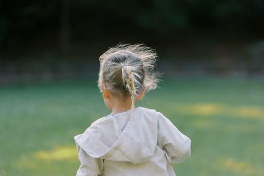 Little girl with flowing hair walks through a clearing. Back view. High quality photo