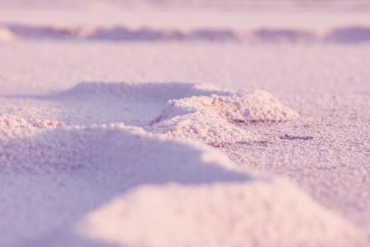 landscape of dry Pink salt lake bed, cracked surface. Natural salt Close up. Surface of a salt lake, background. Top view on Pink salt lake.