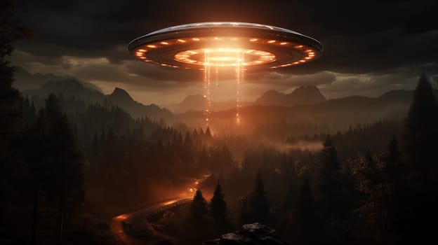 As the fog enveloped the landscape, a ufo appeared in the sky, its bright lights piercing through the clouds as it hovered over the mountains - Generative AI