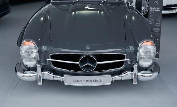 Monaco, Monte Carlo, 29 September 2022 - Classic Mercedes Benz on exhibition of exclusive cars during the yacht show, the famous motorboat exhibition in the principality. High quality photo