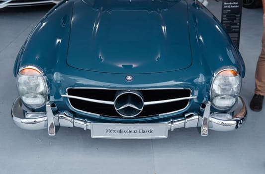 Monaco, Monte Carlo, 29 September 2022 - Classic Mercedes Benz on exhibition of exclusive cars during the yacht show, the famous motorboat exhibition in the principality. High quality photo